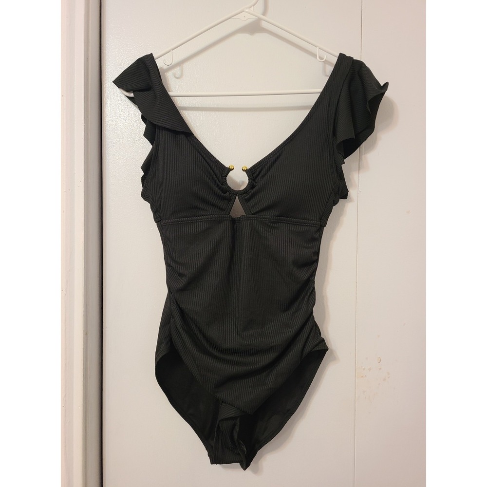 EoMenie Black Ribbed One-piece Swimsuit Ruffle Flutter Sleeve Size Small